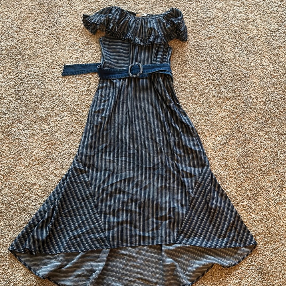 FARROW BLUE WHITE STRIPE OFF SHOULDER MIDI DRESS SIZE SMALL BELTED